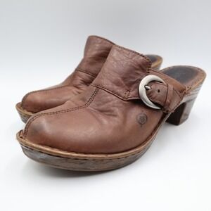 Born Shoes Womens Brown Leather‎ Buckle Clogs Mule Heel Shoes Size 8 39